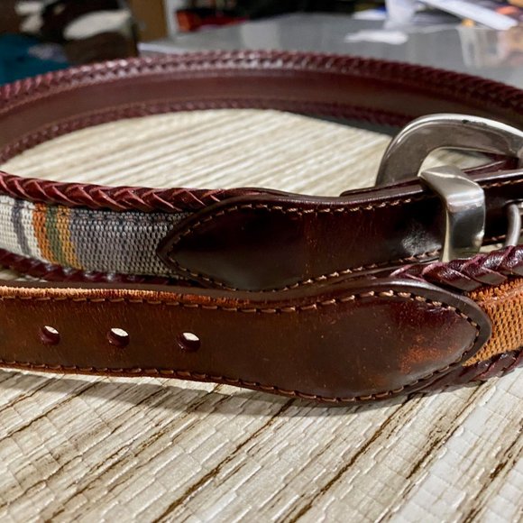 Vintage Men Women Unisex Brighton Western Braided Trim Textile Leather Belt  34" - Picture 5 of 11
